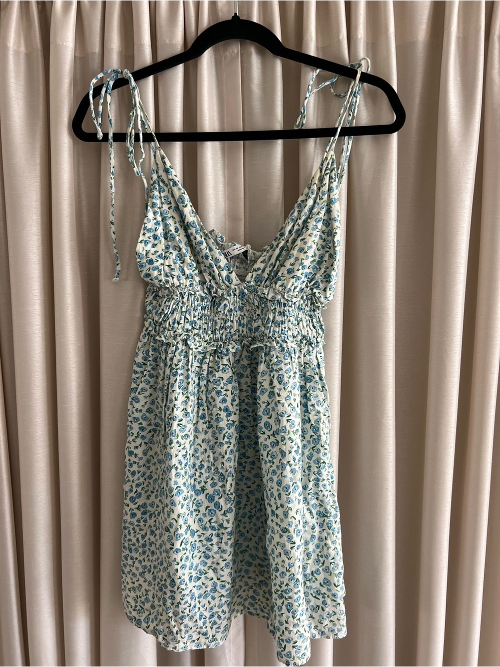 Zara Floral Tie-Shoulder Sundress in White and Blue